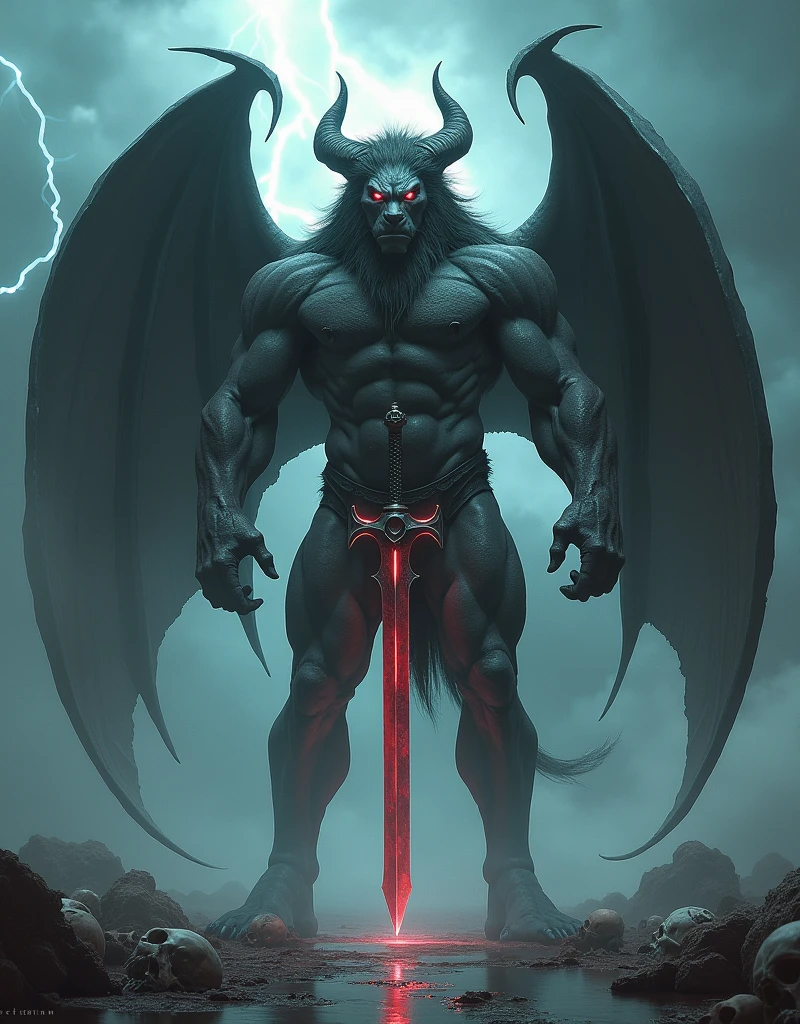 a very tall demon with lion head and goat horns and bat wings standing straight in two feet human pose, stern expression, confident pose, glowing red eyes, dark fur, goat feet, celestial, muscular frame, a great sword plug on the ground infront of him, detailed facial features, highly detailed, photorealistic, light and shadow contract, dramatic lighting, fantasy, surreal, dark, moody, thunder sky background, white fog foreground, water reflection the ground, skulls on the ground, massive penis, big balls, perfect balls