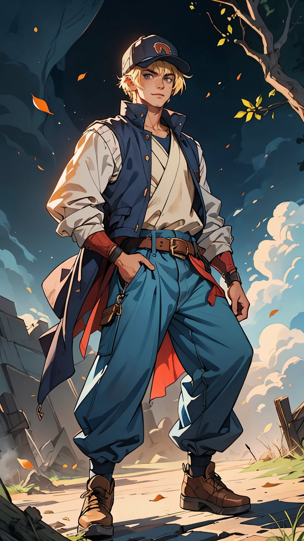 (masterpiece:1.2, best quality:1.2, extremely delicate:1.2), ((male:1.5)), a young man with blonde hair, wearing a red baseball cap backward, messy bangs windblown, a handsome face, a lazy gaze, a confident smile, a fantasy-realism style blue work vest jacket, a dark blue denim long robe underneath, featuring a long hem, a leather belt, loose coarse cloth trousers, strikes a kung fu pose in a horse stance, as fallen leaves are swept up by a whirlwind around him, this character embodies a finely crafted fantasy-realism style kung fu warrior in anime style, exquisite and mature manga art style, dramatic, high definition, highres, ultra-detailed, ultra-fine painting, professional, perfect body proportions, golden ratio, anatomically correct, symmetrical face, extremely detailed eyes and face, high quality eyes, creativity, RAW photo, UHD, 32k, Natural light, cinematic lighting, (masterpiece-anatomy-perfect:1.2)