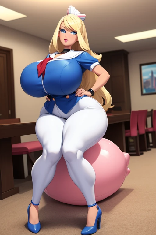 (Barbie), (Pokemon: Jesse), (Female Personification: Whip Cream), beautiful face, structured jawline, 3D, rambunctious, busty blonde, giant breasts, age: 30's, American, white, blue eyes, copious mammary size, enormous inflated breasts, massive knockers, business formal apparel, boss lady, pants, full body pose, tight clothing, BIG BIGONZOS, slim waist line, waist, white collar blouse, rich, sailor outfit, wide hips, voluptuous thighs, adorable hips, straddling male viewer, excessive straddling position, pumped up, inflated super-sized breasts,
