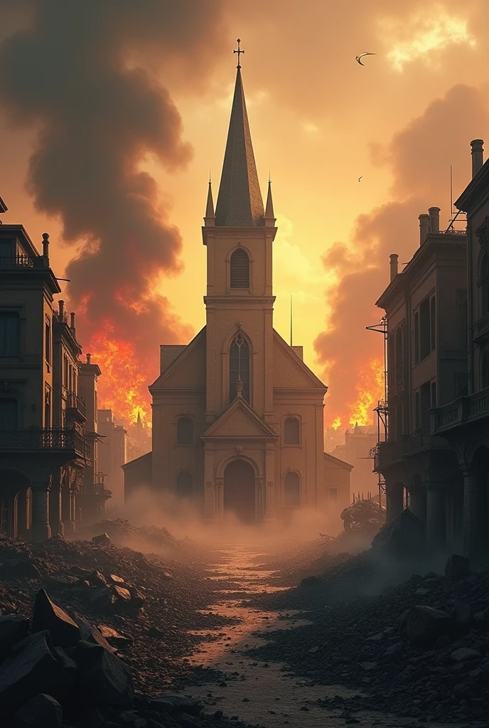 citys. bombshell. Just one church standing. a lot of fire.