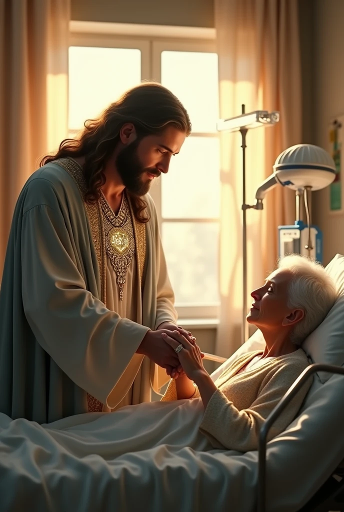 (photorealism:1.2), handsome Jesus Christ holding the hand of an old patient, sitting on bed beside of old patient that laying in bed in the hospital with many apparatus attach, wearing a gray color of king clothes with light in his heart and head sparkling all over, many diamonds, nice hair, indoors, soft lighting, hospital bed in the background, window with sunlight, cozy room, relaxed pose, realistic, intricate details, warm colors,