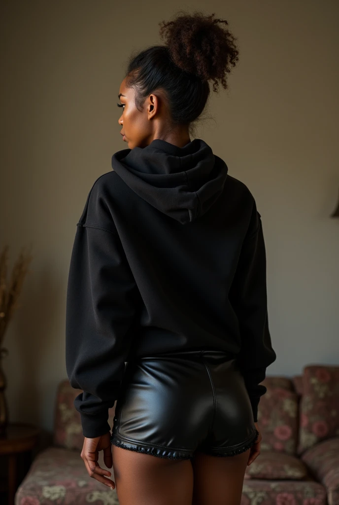 black woman hair in a bun black hoodie black leather short shorts being fucked in the ass by a old grandma in a dress