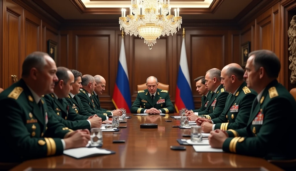 a highly detailed photo of Russian generals and commanders in a meeting room, realistic, photorealistic, 8k, ultra-detailed, professional, dramatic lighting, intense expressions, serious demeanor, military uniforms, oak table, chandelier, Russian flags