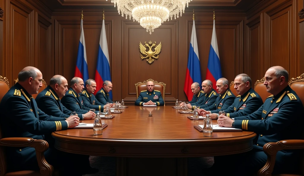 a highly detailed photo of Russian generals and commanders in a meeting room, realistic, photorealistic, 8k, ultra-detailed, professional, dramatic lighting, intense expressions, serious demeanor, military uniforms, oak table, chandelier, Russian flags