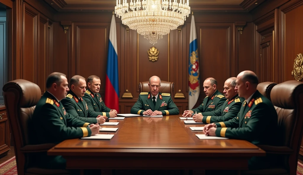 a highly detailed photo of Russian generals and commanders in a meeting room, realistic, photorealistic, 8k, ultra-detailed, professional, dramatic lighting, intense expressions, serious demeanor, military uniforms, oak table, chandelier, Russian flags