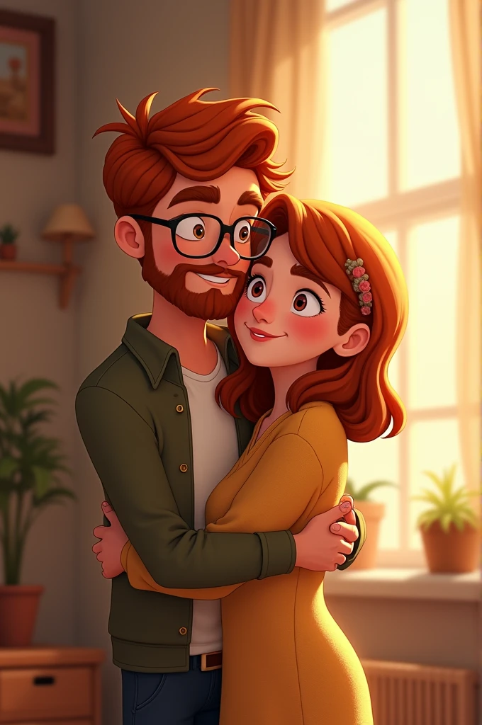 Create animation of young redhead with glasses and beard, accompanied by a young light brown-haired man without glasses and a half-grown mustache, hugging as a couple