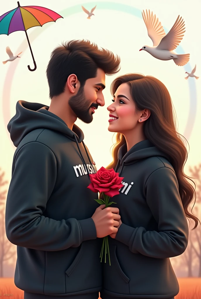 Realistic Pakistani 2 Handsome boy ,Black Hoodie with a 30-year beautiful girl in a Black Hoodie, the girl has a red rose flower in her hand, and the boy holding a multi-colorful umbrella in his hand, written in "Murshid" in the boy's hoodie, and "Peerni" in girl hoodie, in outdoor Park with white Background Doves Flying, Beautiful picture, pretty girl, So happy picture, profile pic, Rainbow Behind, 3d illustration, hyperrealistic, Look straight
