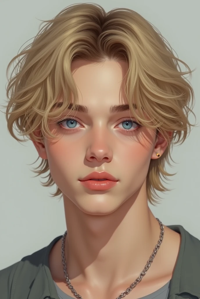 Young male, blonde slightly curly hair, deep blue eyes, fair skin with a slight tan, looks similar to bts jimin, realistic