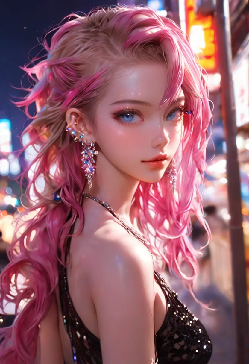 8K，an extremely delicate and beautiful,nsfw,nude,topless,pussy,full body Beautiful and realistic skin,Shiny jewel-like earrings,Bedhead,like glitter white and pink hair,beautiful blue eyes,black tanktop,short shots,asian cute girl,full body,Shining brightly night city,nsfw,bottomless