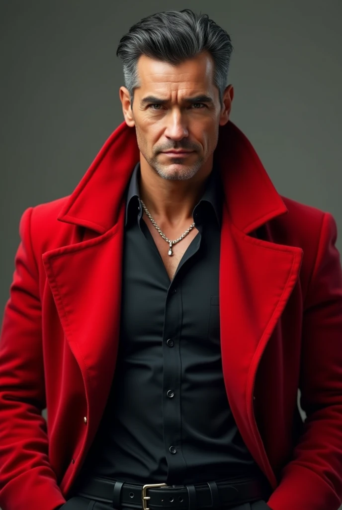 mature man, handsome with short black hair and gray on the sides has a red coat with wide shoulders black pants