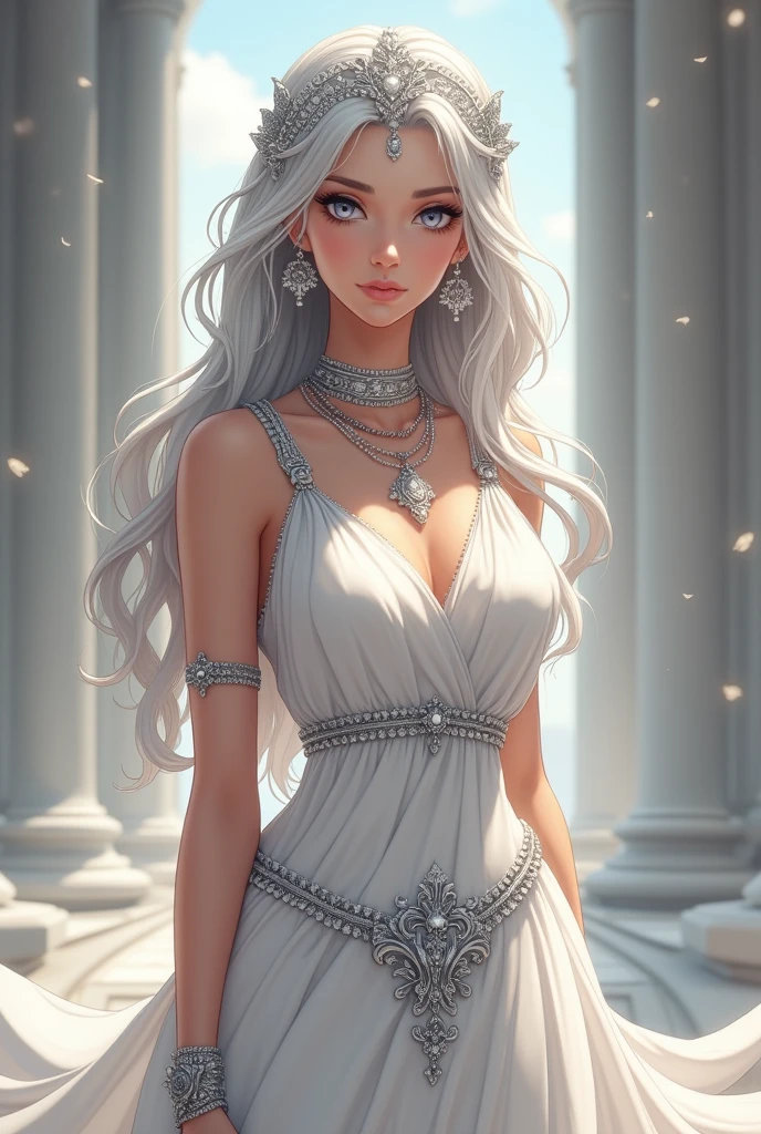 princess of ancient Greece, 20 years old ,with white clothes and silver jewelry, ((anime styling)), standing, young woman, sexly, silver hair, best qualityer, 4K, big boobies.
