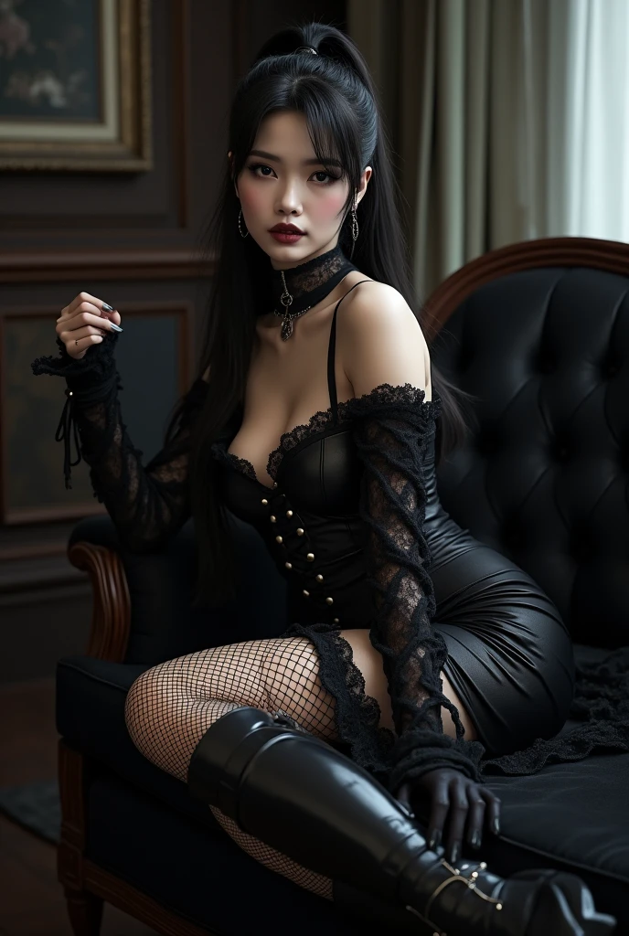 Erotic goth asian woman with fishnets short skirt and boots sitting on the sofa