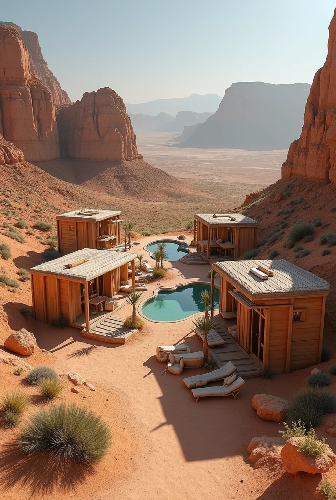 Glamping hotel area with 20 cabins in a desert area 