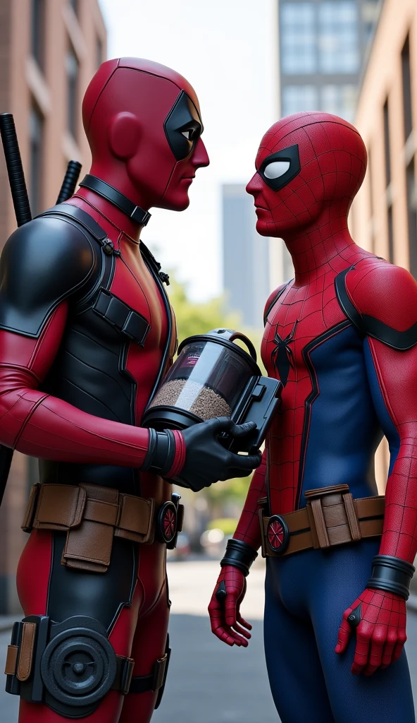 Deadpool Handing Over the Vacuum**: Deadpool presenting the vacuum cleaner to Spider-Man with a big, playful grin, while Spider-Man looks puzzled and frustrated.