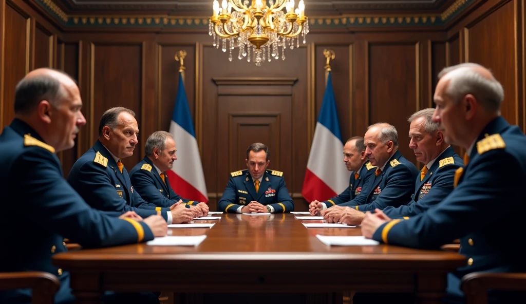 a highly detailed photo of French generals and commanders in a meeting room, realistic, photorealistic, 8k, ultra-detailed, professional, dramatic lighting, intense expressions, serious demeanor, military uniforms, oak table, chandelier, French flags