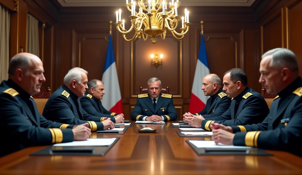 a highly detailed photo of French generals and commanders in a meeting room, realistic, photorealistic, 8k, ultra-detailed, professional, dramatic lighting, intense expressions, serious demeanor, military uniforms, oak table, chandelier, French flags