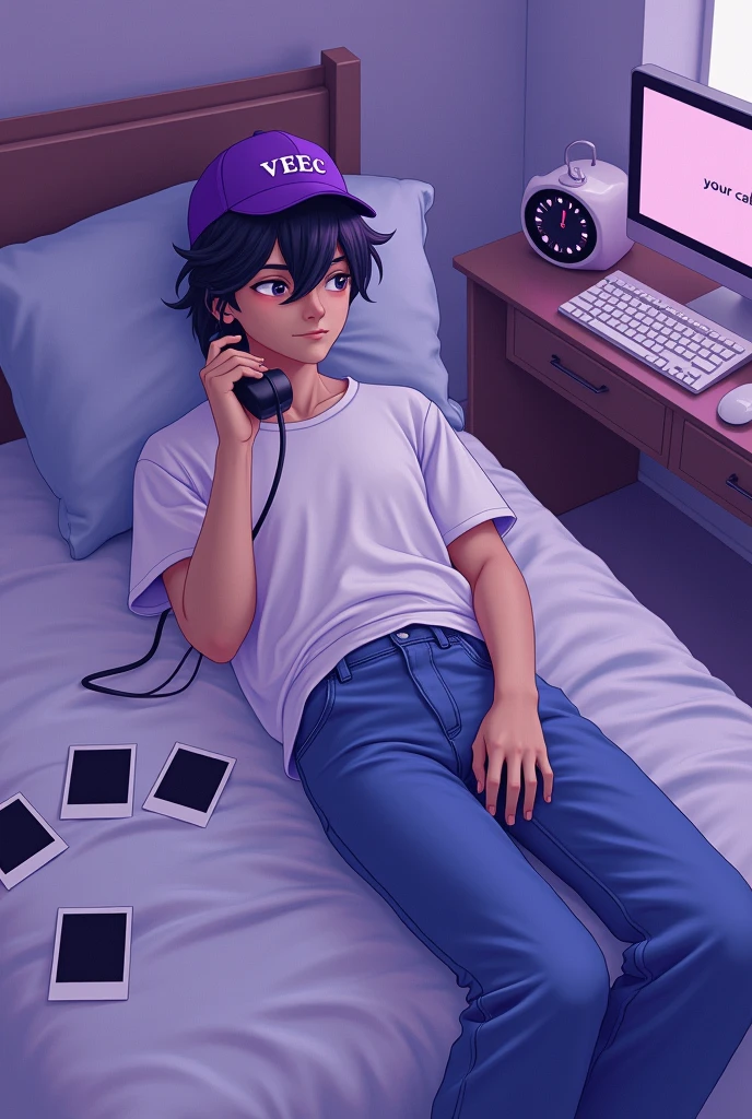 cover for song in purple scale , that has a boy with black hair and a purple cap that says veec lying on a bed, with a white t-shirt and wide jeans.In his right hand the boy holds a telephone. On the ground there are some polaroid photos, Next to the boy there is a table that has a computer that on its screen says your cat and next to the computer a modern clock