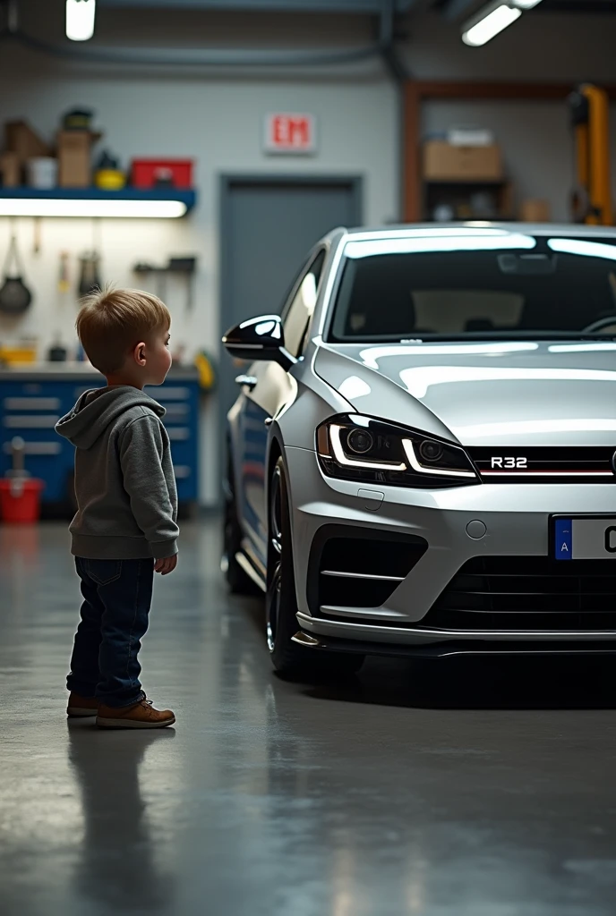child, watching a volkswagen golf r32 in a garage 