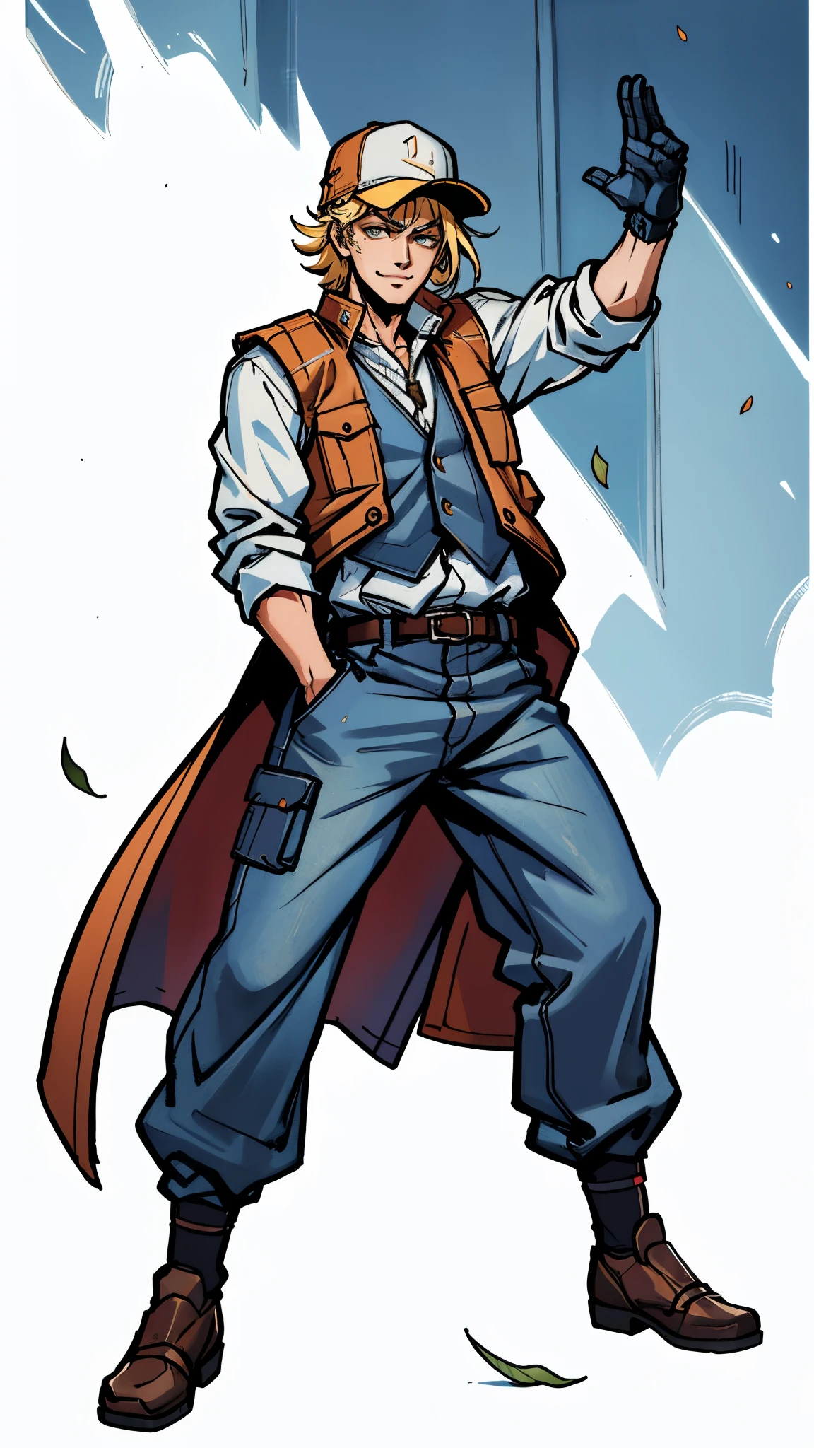 (masterpiece:1.2, best quality:1.2, extremely delicate:1.2), ((male:1.5)), a young man with blonde hair, wearing a red baseball cap backward, messy bangs windblown, a handsome face, a lazy gaze, a confident smile, a fantasy-realism style blue work vest jacket, a dark blue denim long robe underneath, featuring a long hem, a leather belt, loose coarse cloth trousers, strikes a kung fu pose in a horse stance, as fallen leaves are swept up by a whirlwind around him, this character embodies a finely crafted fantasy-realism style kung fu warrior in anime style, exquisite and mature manga art style, dramatic, high definition, highres, ultra-detailed, ultra-fine painting, professional, perfect body proportions, golden ratio, anatomically correct, symmetrical face, extremely detailed eyes and face, high quality eyes, creativity, RAW photo, UHD, 32k, Natural light, cinematic lighting, (masterpiece-anatomy-perfect:1.2)