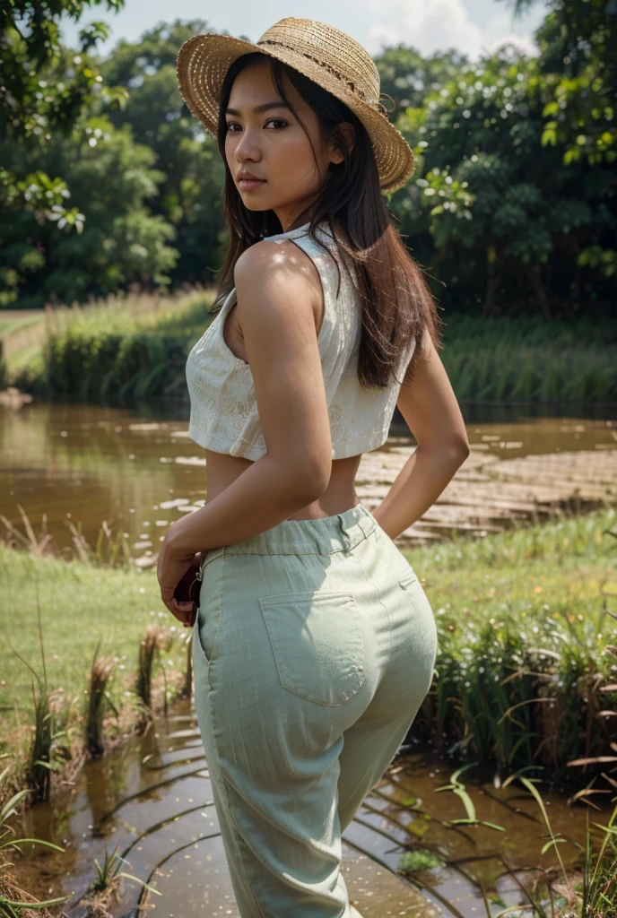 a beautiful asian woman, 1girl, walking away from camera, facing away, huge detailed ass, thick detailed thighs, asian straw hat, flared pants, paddy field, (best quality,4k,8k,highres,masterpiece:1.2),ultra-detailed,(realistic,photorealistic,photo-realistic:1.37),detailed face, penetrating eyes, beautiful detailed lips, extremely detailed skin, detailed clothing, natural lighting, warm color tones, cinematic composition