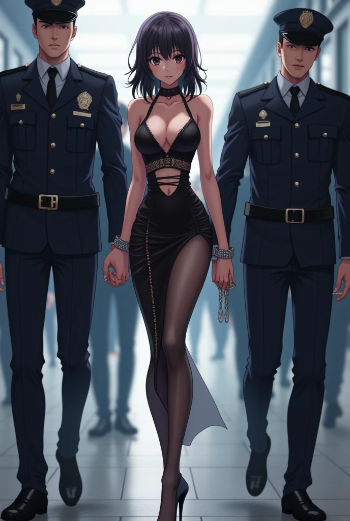  an arrested adult girl with her hands in handcuffs, dressed in a long, tight dress with a cutout and stiletto heels, under escort, anime