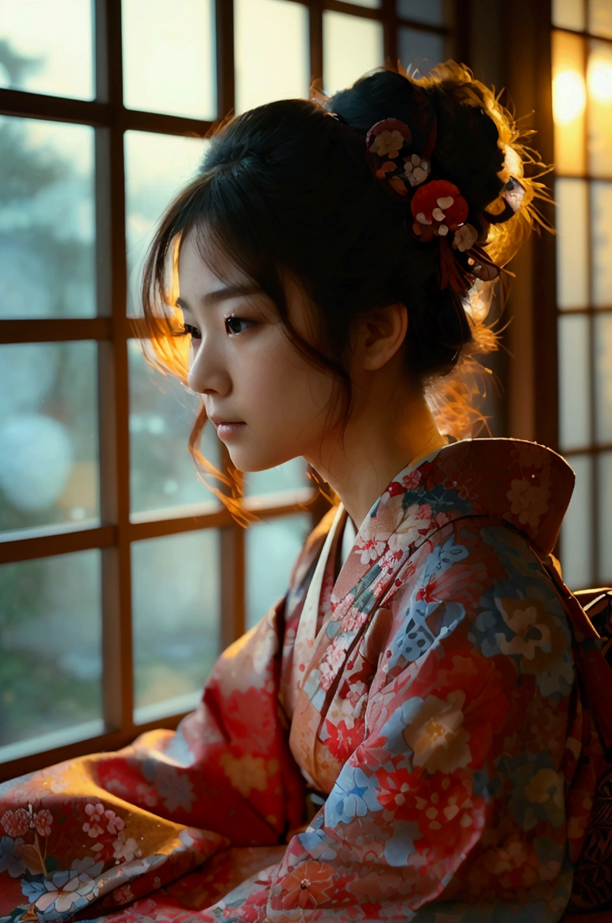 photorealistic, solo, beautiful Japan woman, traditional kimono, natural figure, soft smile, impressive gaze, traditional hairstyle, Japanese room at dusk, sitting by the window, illuminated by city lights, (attractive pose), professional photographer, shallow depth of field, backlit,