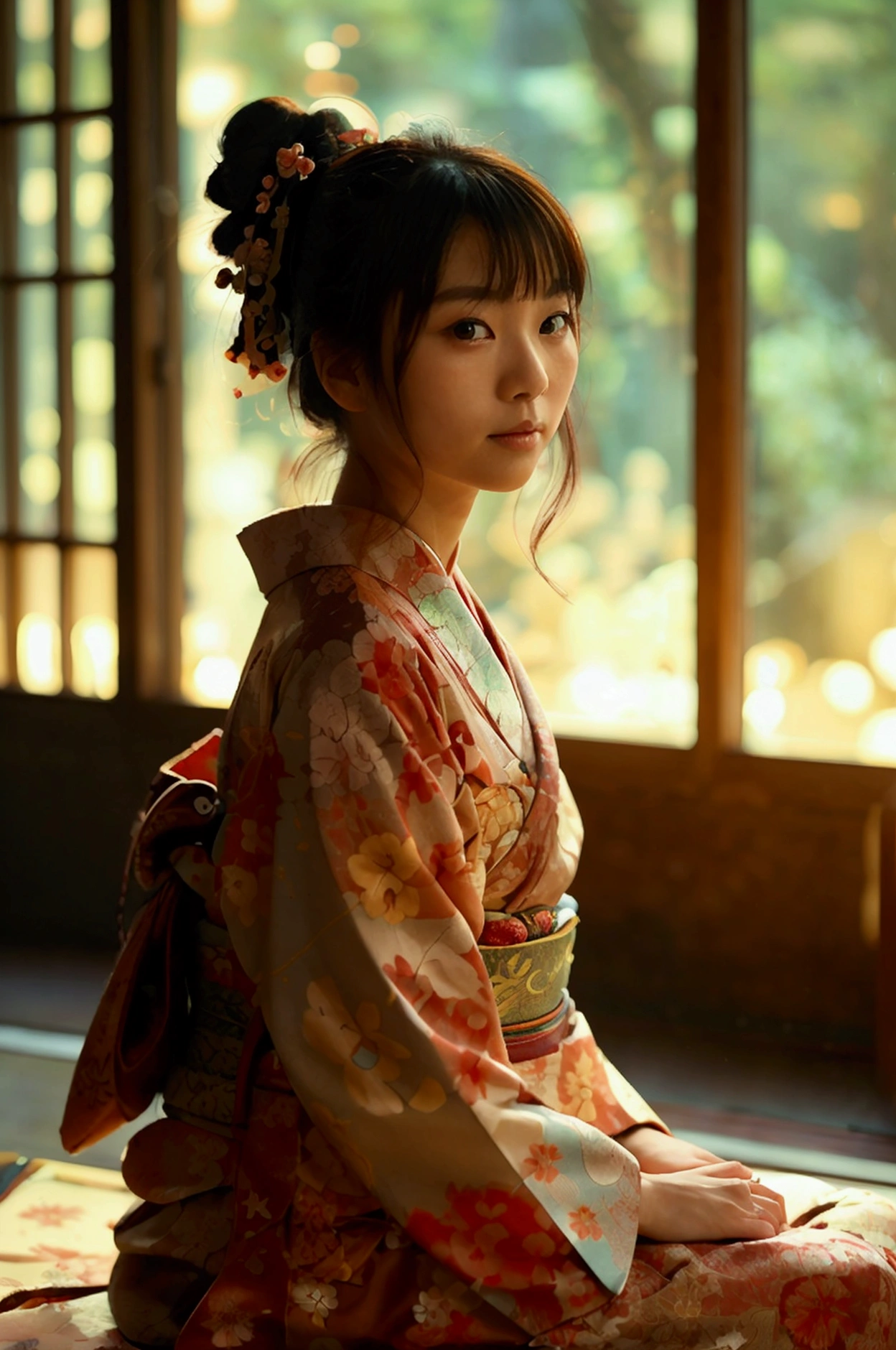 photorealistic, solo, beautiful Japan woman, traditional kimono, natural figure, soft smile, impressive gaze, traditional hairstyle, Japanese room at dusk, sitting by the window, illuminated by city lights, (attractive pose), professional photographer, shallow depth of field, backlit,
