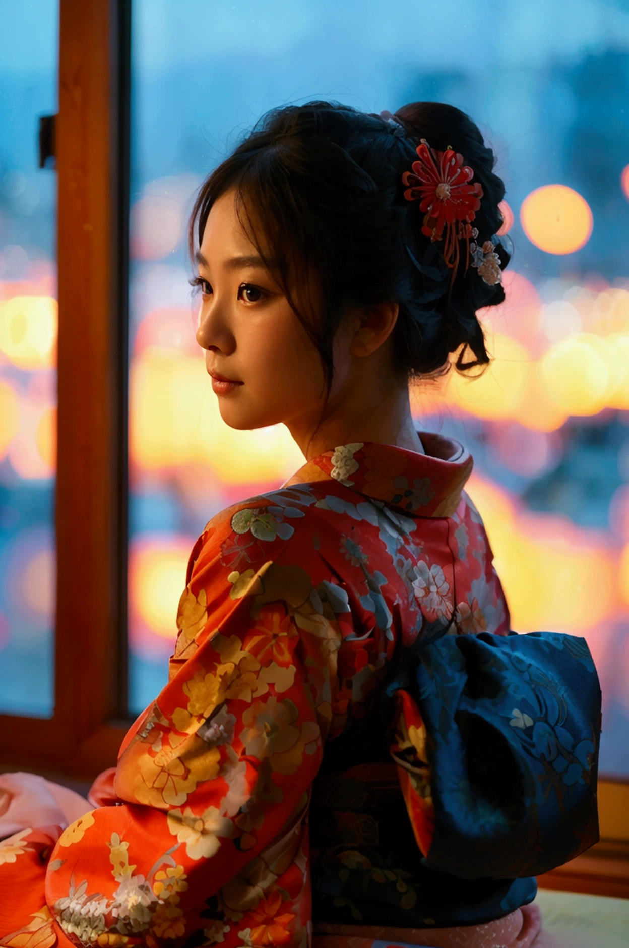 photorealistic, solo, beautiful Japan woman, traditional kimono, natural figure, soft smile, impressive gaze, traditional hairstyle, Japanese room at dusk, sitting by the window, illuminated by city lights, (attractive pose), professional photographer, shallow depth of field, backlit,