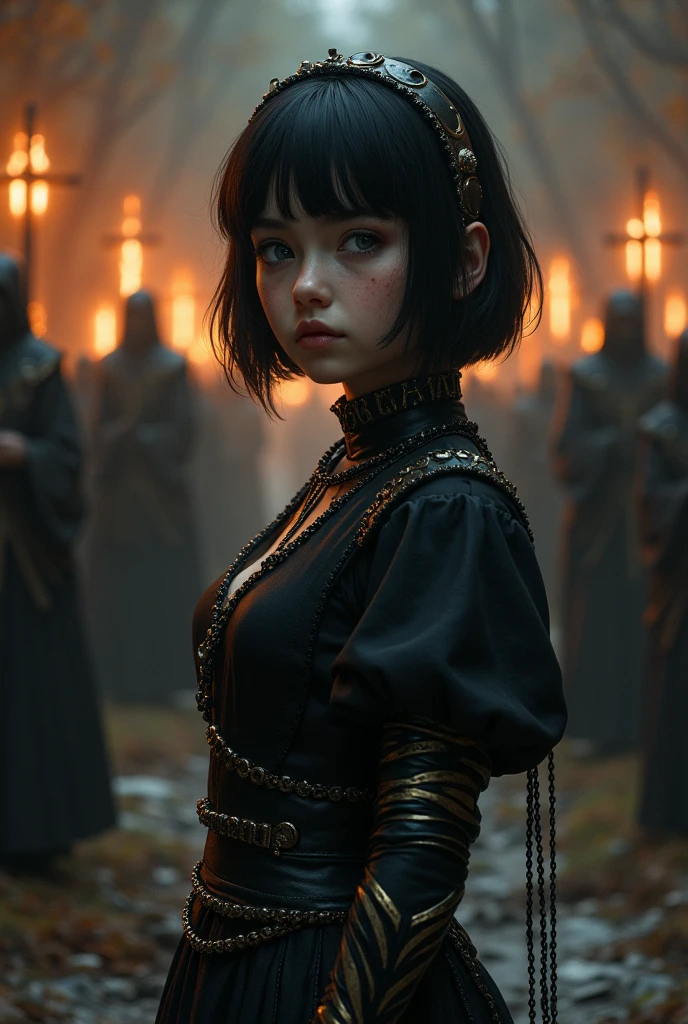 Girl with short black hair, from the realistic middle ages, light eyes dark clothes with prosthetic arm, detalhado steampunk detaileds pentagrama, cut on the face, the night, with a religious group with fire behind, detaileds.