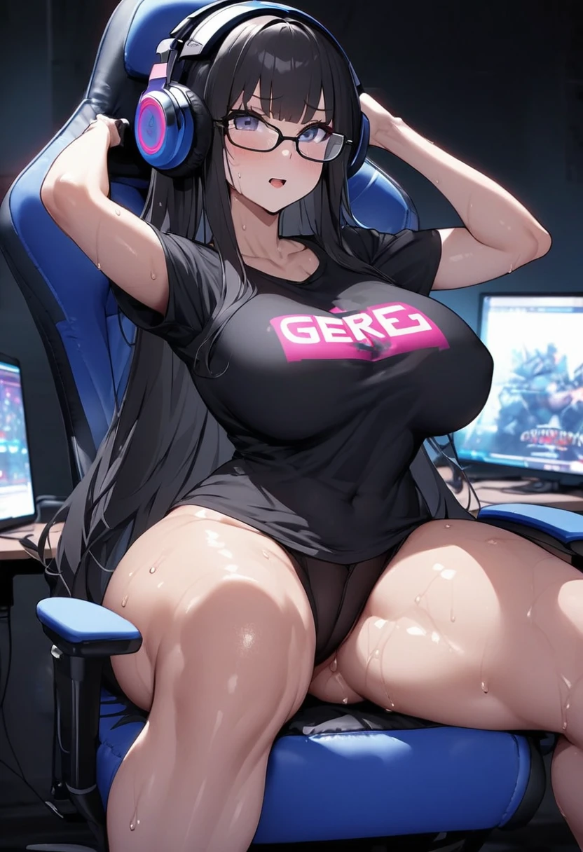 One Woman、beautiful girl、Sit on a chair、big glasses、Dark Room、computer、Sit in a gaming chair、High-end headphones、Grip the game controller、computerに向き合う、beautiful girl, Highest quality, Tight T-shirt、Tight T-shirt、Game Geek、Thick thighs、big 、big Ass、Black Hair、Long Hair、bangs、Sweaty body、I&#39;The whole body is sweating、Obscene sound effects、Excited、panties、Playing a mischievous game