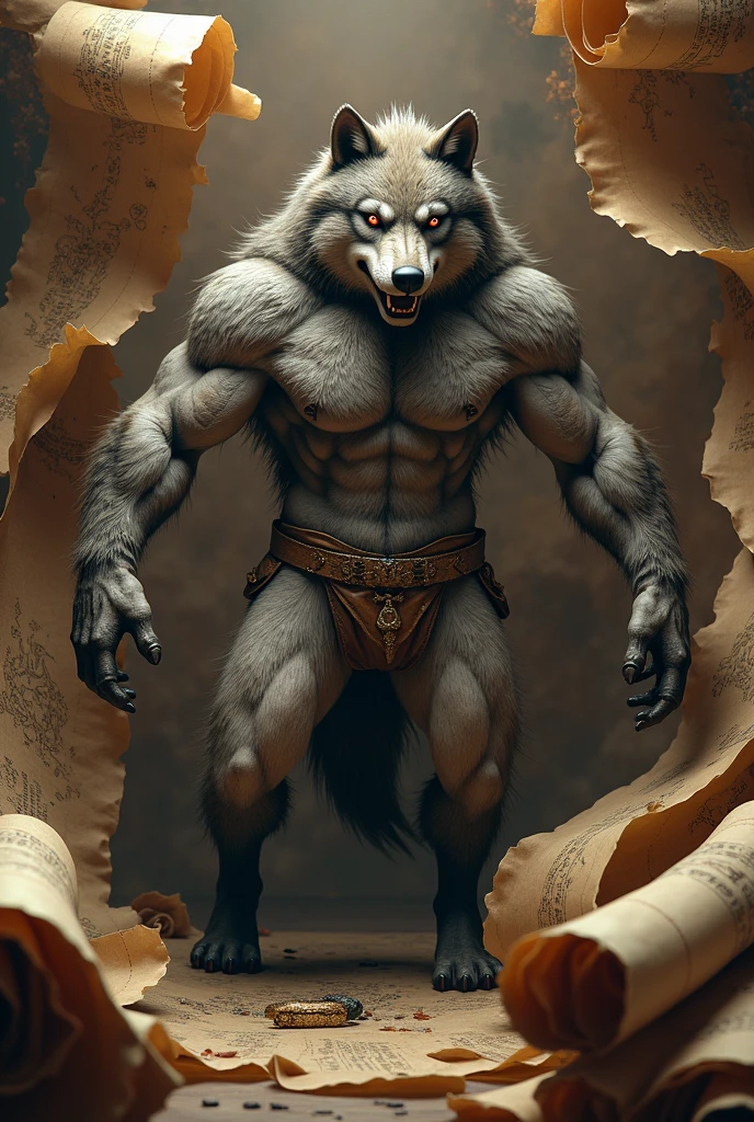 Muscular and sweaty furry wolf in fursuit, scrolls appearing, thick scrolls, pergaminhos (detailded), pose sexy