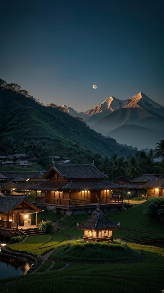 **Prompt:** Paint an Islamic village in Aceh at night, creating a peaceful and comfortable atmosphere. Focus on the moonlit night with soft illumination from the moonlight over the village. Include traditional Acehnese architecture such as indigenous houses and a mosque with its distinctive minaret, surrounded by natural landscapes like rice fields or mountains for a harmonious backdrop. Use high contrast and vibrant colors to highlight details. Apply dramatic lighting and soft shadows to achieve a realistic and balanced scene, with 8k resolution for sharp detail and smooth texture.