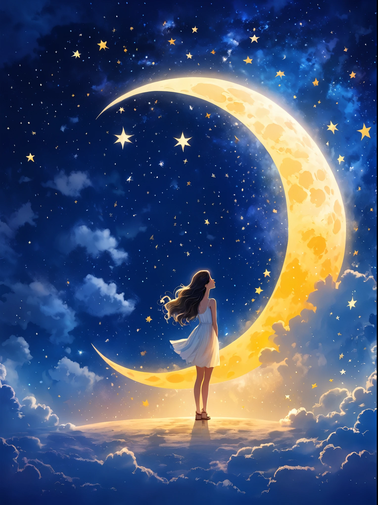 A girl standing on the crescent moon，The sky is full of stars, themed on the stars and moon, the Moon and stars, A beautiful artistic illustration, Moon and stars, On the Moon, Fantasy illustrations, Looking at the moon, the moon behind her, big Moon and stars in the sky, Dream Night, Moonlit night dreamy atmosphere, Sitting on the moon