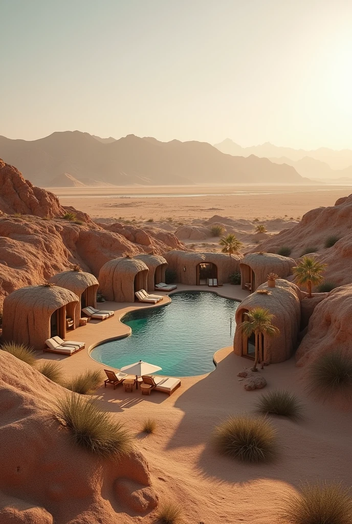 Glamping hotel area with 20 cabins in a desert area without a pool, only cabins