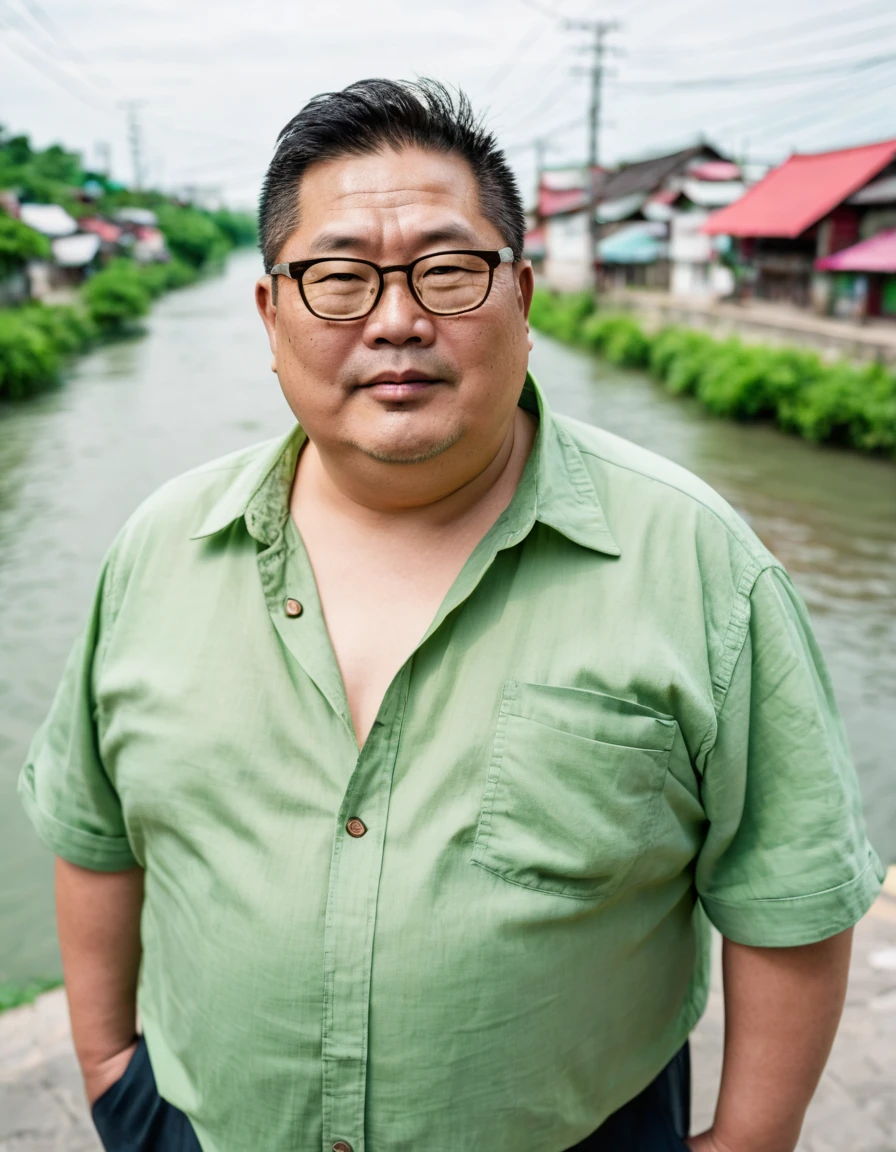 Man, Asian, 50 years old, Fat, Chubby, wearing glasses, wearing a light green shirt unbutton, Shirtless, on street, small town, by side the River, sharp image, Top view.