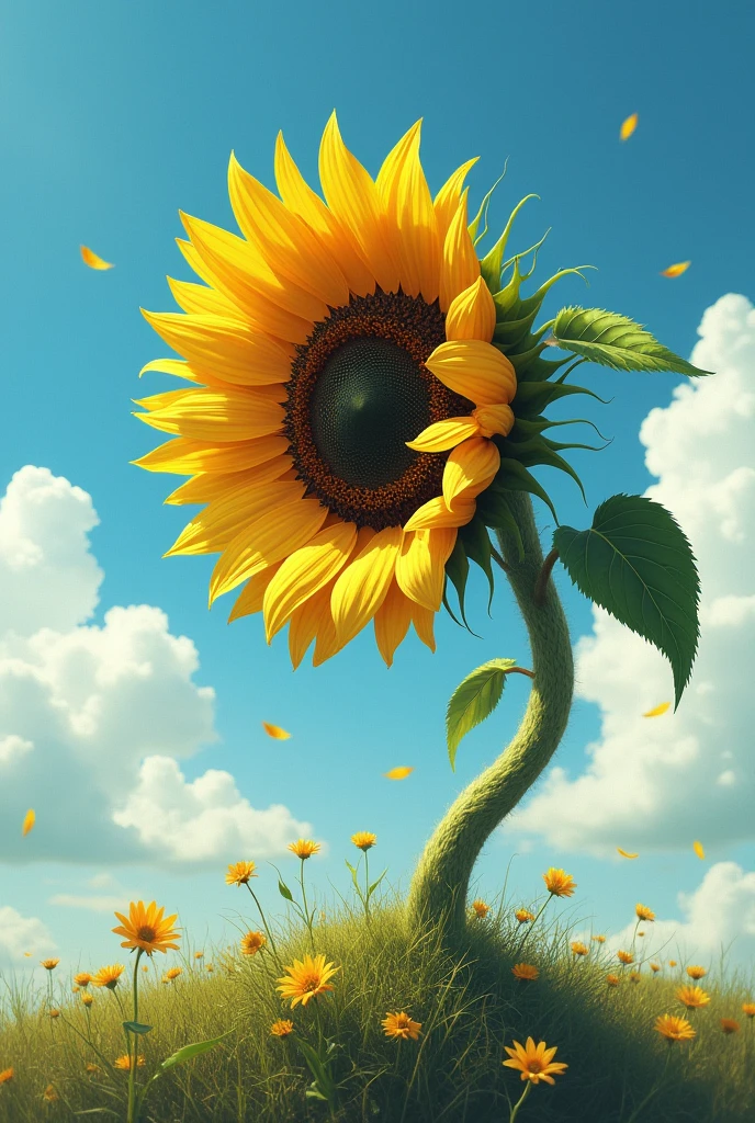 Create a Sunflower,Flower face up, Curves to the ground with the correct side profile,Like it withered. bend its stem,使Flower face up. Other words, The stem is stuck in the ground, Its leaves are falling, Your sunflower is looking up, Similar to a human slipping and bending backwards to the ground . Bright sunny background,Bright and colorful