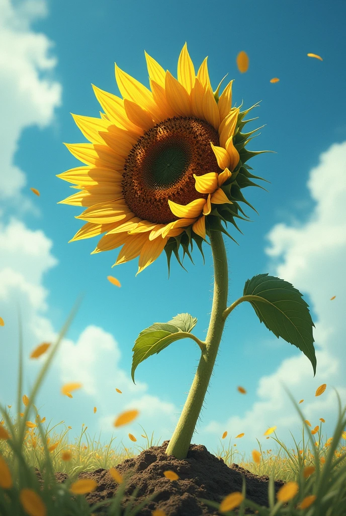 Create a Sunflower，Flower face up, Curves to the ground with the correct side profile，Like it withered. bend its stem，使Flower face up. Other words, The stem is stuck in the ground, Its leaves are falling, Your sunflower is looking up, Similar to a human slipping and bending backwards to the ground . Bright sunny background，Bright and colorful