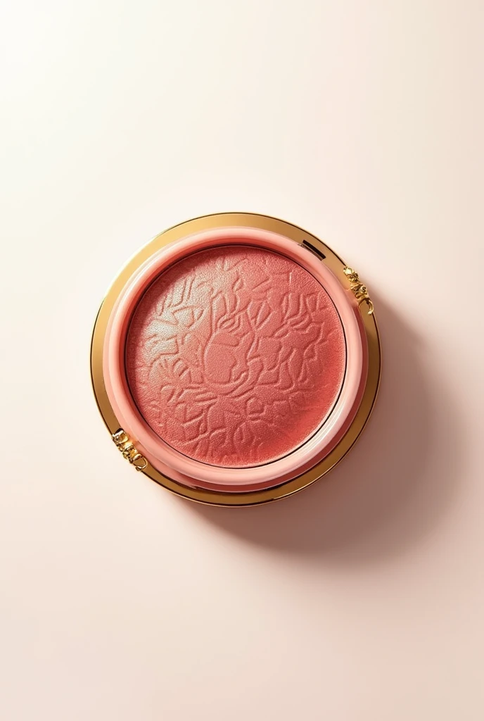 Create a blush packaging with the following features:
Format and Structure: The packaging must have an elegant and sophisticated format, with a rounded or oval surface. It can have a lid with refined details and a well-finished closure..
Main color: doradas, for the main structure of the package.
embossed details: Add embossed details to the back of the package, creating textured patterns that can include lines and geometric shapes to give a luxurious look.
tessellation: The design should include a delicate mosaic in red and blue colors., inspired by Byzantine art. The mosaic should be subtle, but visible, integrating harmoniously with the white background.
fund: The background of the packaging should be white to provide contrast and highlight the gold details and the colored mosaic.
Finishing: The packaging finish should be glossy to accentuate the gold and create an attractive visual effect..