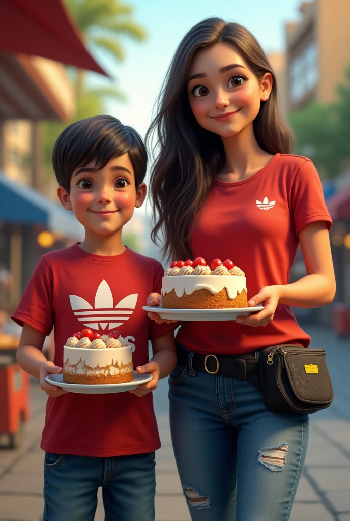 create a photo of a boy from 1.75 meters tall and his 30 year old adult mother is 1.60 meters tall with long straight hair, going out to sell cake on the city streets with the cakes in hand .Remember that they sell in stores in cities, and the boy also has a fanny pack with money in it. remember that the smiling and fixed looks for drentee homemade cake made at home with nothing on top without fruits. They are Brazilian and the boy is older than his mother and the mother wears a long-sleeved shirt and jeans and the boy wears a red short-sleeved adidas shirt and jeans