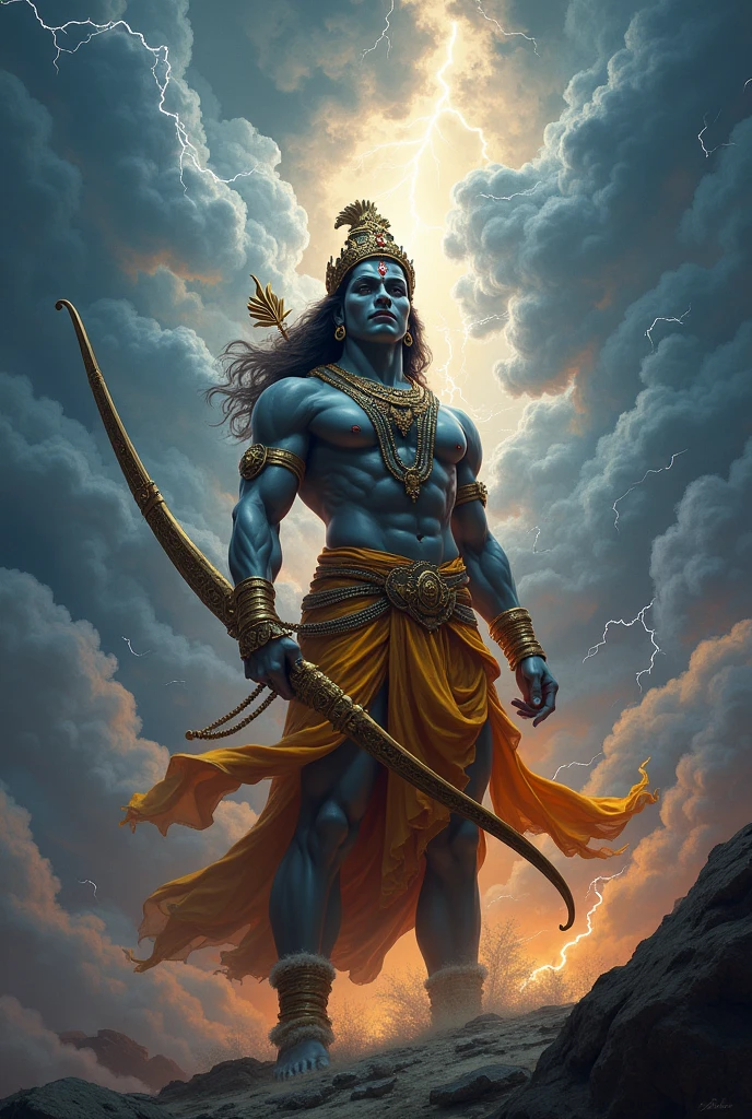A picture of lord rama with a bow in his hand and thunderstorms blowing in his background 