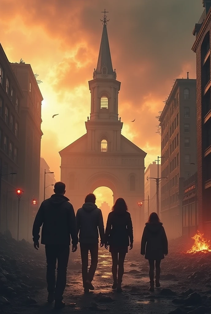 destroyed city. Just one church standing. a lot of fire. 4 parents.