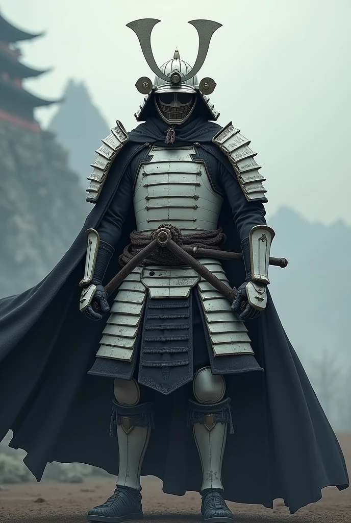 a samurai in white armor and a black cloak