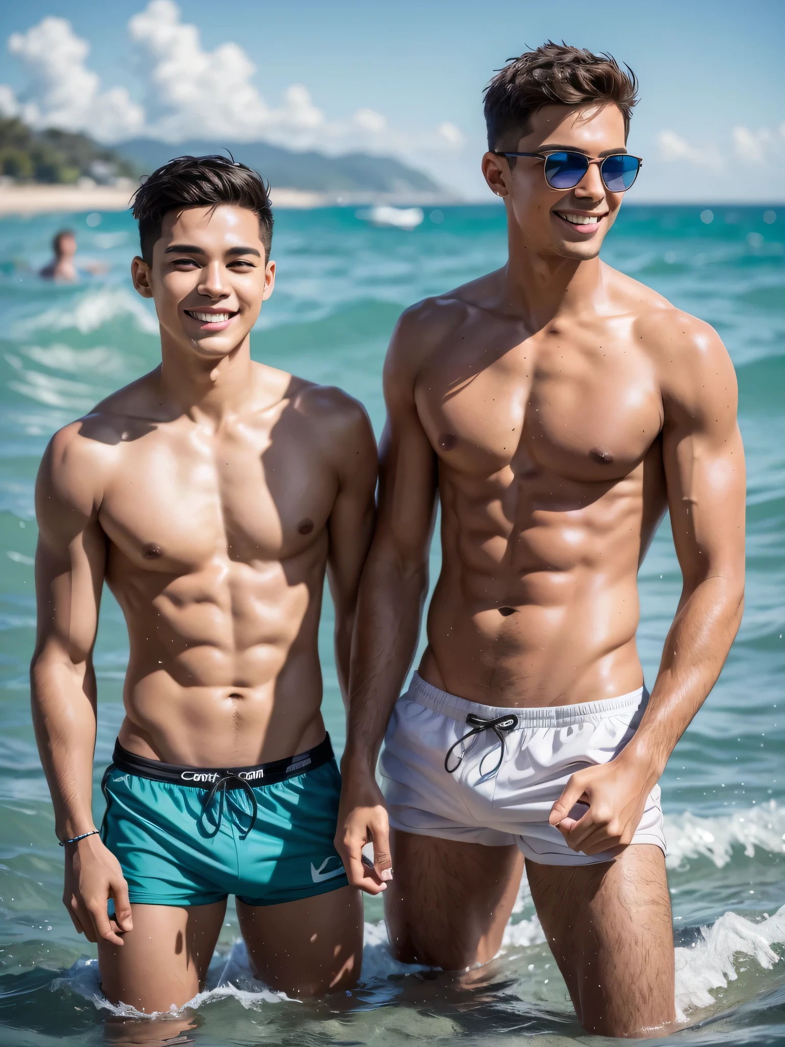 (2boys, photorealistic:1.4, ultra realistic, masterpiece:1.2, best quality, 4k), handsome young men age 18 along the shore at the beach, slender body, skinny, wearing on swim brief and sunglasses, playful poses, splashing waves, running along the shoreline, playful, beautiful summer day, vibrant colors, sun-kissed skin, energetic, bright smile, carefree, cute boyish face, detailed face, ultra realistic skin, shot on Nikon d850 50mm, dlsr, RAW, natural lighting, midday sun