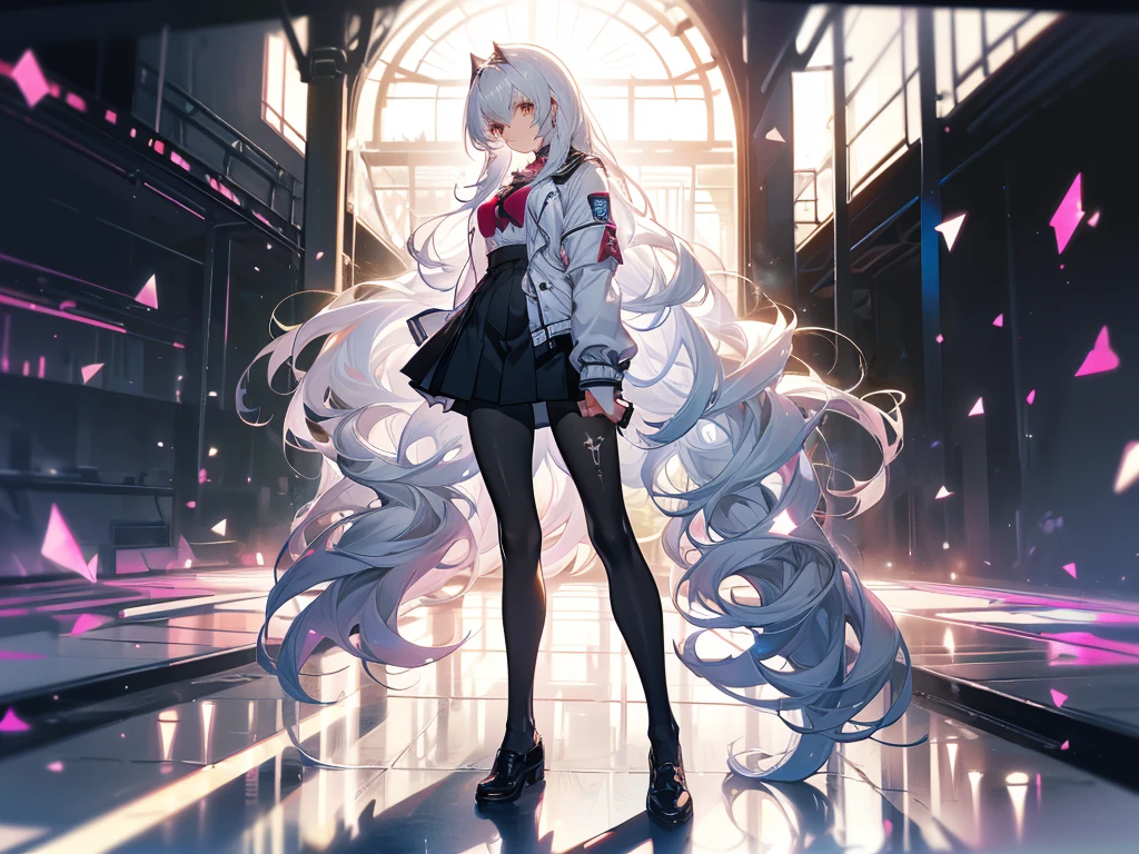 Perfect quality，Perfect body proportions，Long legs，student，jk outfit，whole body，Long curly hair，Standing picture，White，sexly, Big ，Pantyhose，perspective，transparent，