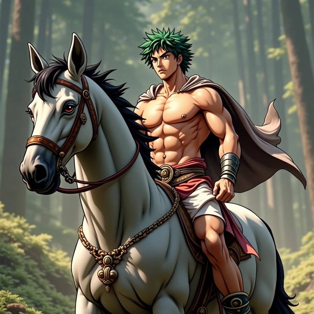 Izuku Midoriya, shirtless, green hair, holding a white pegasus with black mane, green eyes, Greek warrior, shirtless, Greek mythology, son of Artemis, forest, hunter.