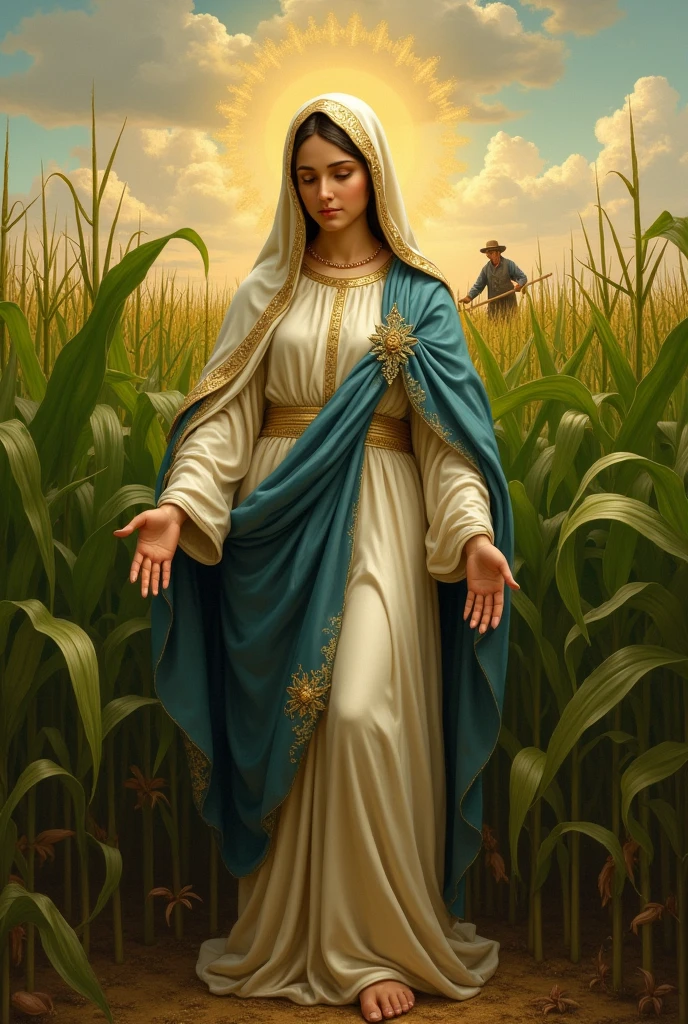 Could you make the full body of the Virgin of Carmen?, But in the background there is a corn field with a farmer