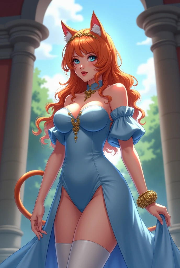 A catwoman with waist-length orange hair and a pair of fluffy ears and a well-groomed tail with a fairly large chest wearing a sky-blue dress that enhances her chest with a pair of white knee-high boots and with a golden bracelet on her right hand in a medieval anime style.
