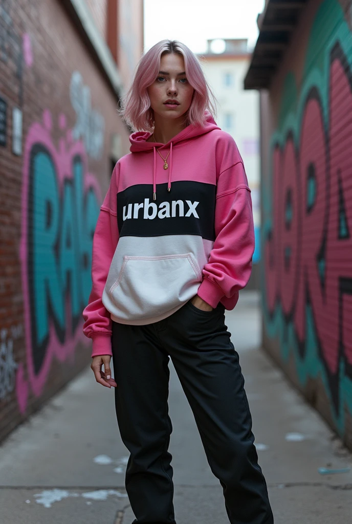 A photo of a very realistic young woman with a dark pink hoodie over her black and white 'UrbanX' sweatshirt in a graffiti-filled alley. The sweatshirt has an oversized cut, hood. The women's outfit also includes black pants and pink sneakers. She has soft pink hair and wears a necklace. The background is a graffiti-covered wall with pink and black paint splatters..