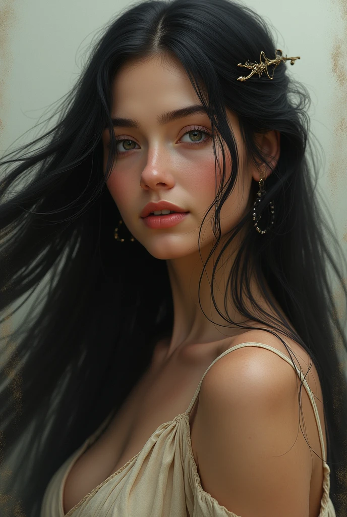 Make an image of a woman representing Eva woman with long light black hair and simple wild clothes with a slight smile looking at the camera