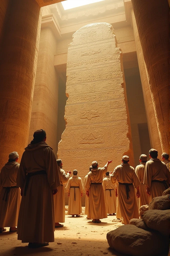 A dramatic depiction of the Rosetta Stone being discovered in Egypt, with scholars excitedly examining the ancient artifact.
